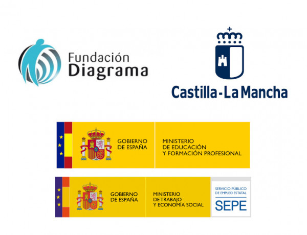 Logotipos Fundación Diagrama, Castilla-La Mancha, Gobierno de España Ministerio de Educación y Formación profesional y Gobierno de España Ministerio de Trabajo y Economía Social Servicio Público de empleo SEPE