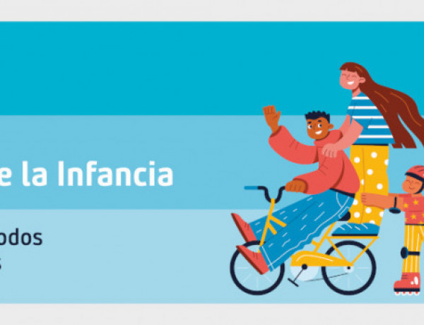 Ilustración con tres niños y niñas, dos de ellos subidos en bicicleta y una patinando cogido a esta