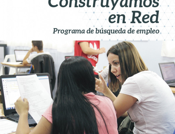 Cartel con el texto 'Construyamos en Red. Programa de búsqueda de empleo' y la foto de dos mujeres delante de un ordenador