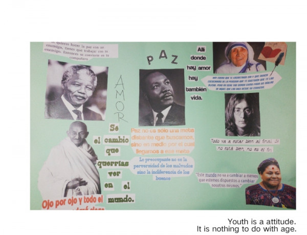 Mural realizado en las actividades con frases sobre la paz de personajes del siglo XX, como Gandhi, John Lennon y Teresa de Calcuta entre otros