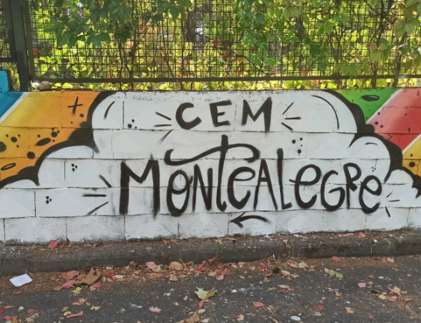 Jóvenes atendidos en ‘Montealegre’ (Ourense) decoran la entrada del centro con un grafiti como parte de una actividad cultural. Fundación Diagrama. Galicia 2020. 