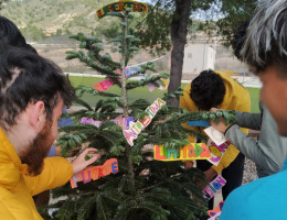 Un grupo de menores de 'La Zarza' decora un árbol con mensajes de igualdad