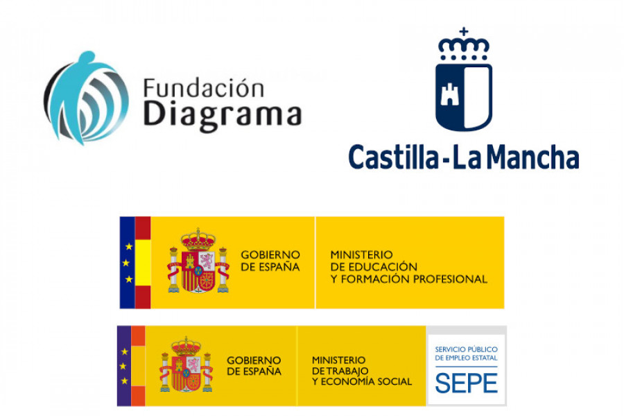 Logotipos Fundación Diagrama, Castilla-La Mancha, Gobierno de España Ministerio de Educación y Formación profesional y Gobierno de España Ministerio de Trabajo y Economía Social Servicio Público de empleo SEPE