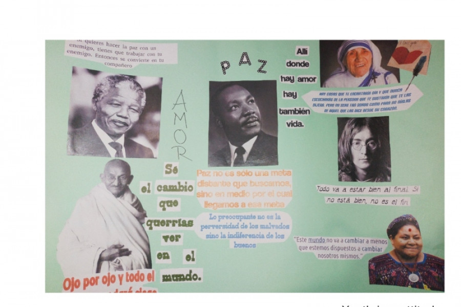 Mural realizado en las actividades con frases sobre la paz de personajes del siglo XX, como Gandhi, John Lennon y Teresa de Calcuta entre otros