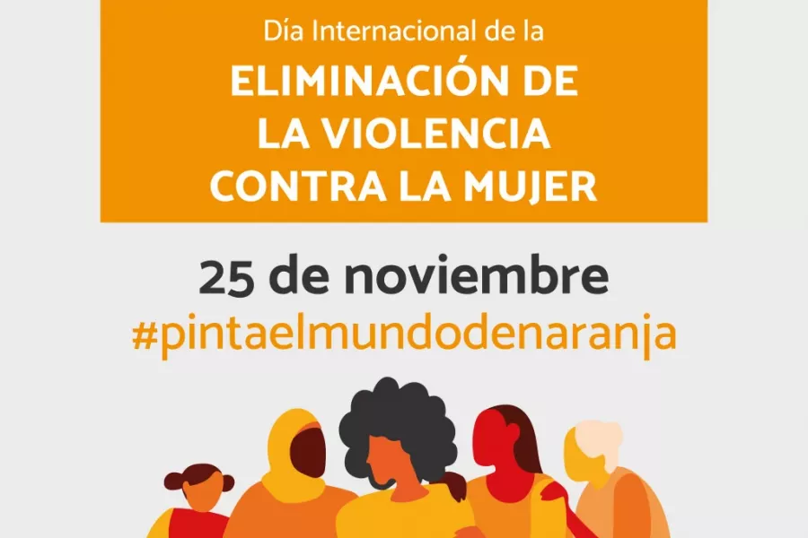 Cartel conmemorativo Día Internacional de la Eliminación de la Violencia contra la Mujer, de color naranja, con ilustración que representa a varias mujeres 