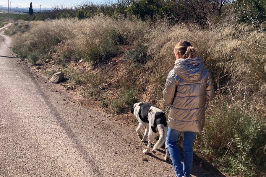 La joven del centro saca a pasear a uno de los perros acogidos en la protectora