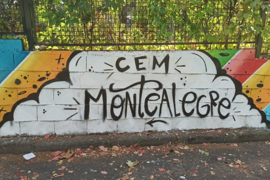 Jóvenes atendidos en ‘Montealegre’ (Ourense) decoran la entrada del centro con un grafiti como parte de una actividad cultural. Fundación Diagrama. Galicia 2020. 