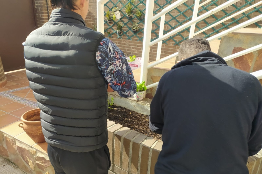 Los jóvenes atendidos en el piso ‘Diagrama Henares’ de Madrid realizan un taller de jardinería