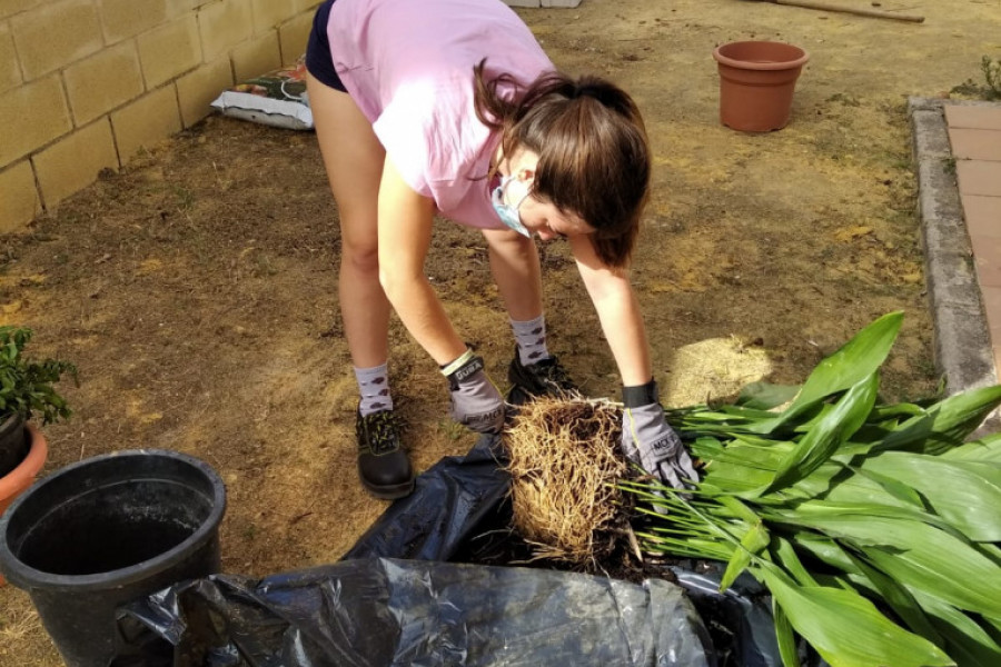Las jóvenes de los recursos ‘Kyra’ de las provincias de Huelva y Sevilla llevan a cabo tareas de jardinería para colaborar en el cuidado del entorno. Fundación Diagrama. Andalucía 2020. 