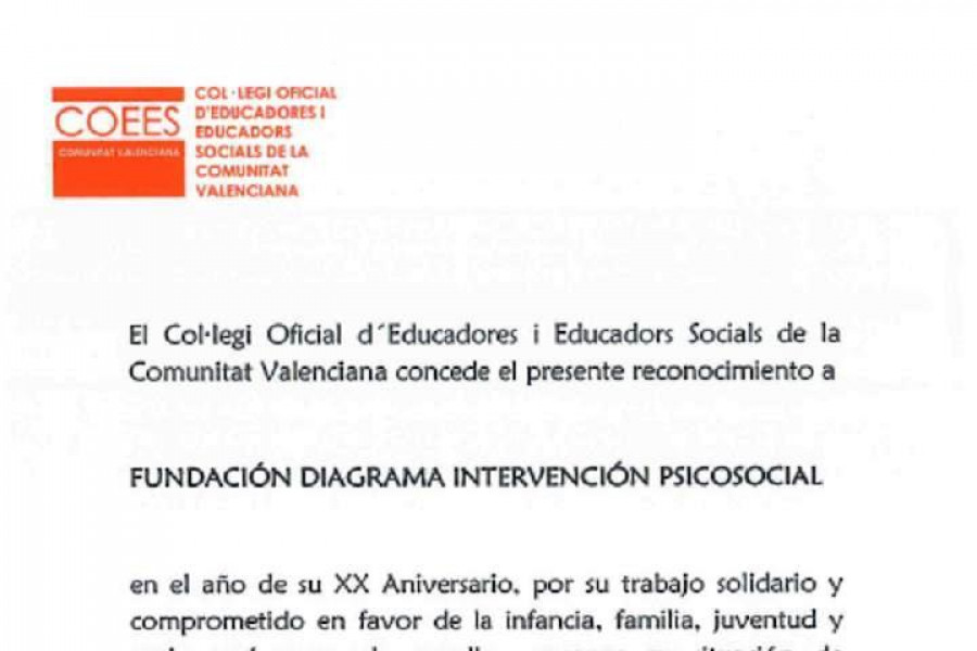 Fundación Diagrama recibe el reconocimiento del Col•legi Oficial d’Educadores i Educadors Socials de la Comunitat Valenciana por sus 20 años de labor solidaria y comprometida