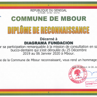 Diploma de Reconocimiento otorgado por la Comunidad Rural de Sandiara por su participación en las jornadas de intervención sanitaria bucodental en esta zona (2020)
